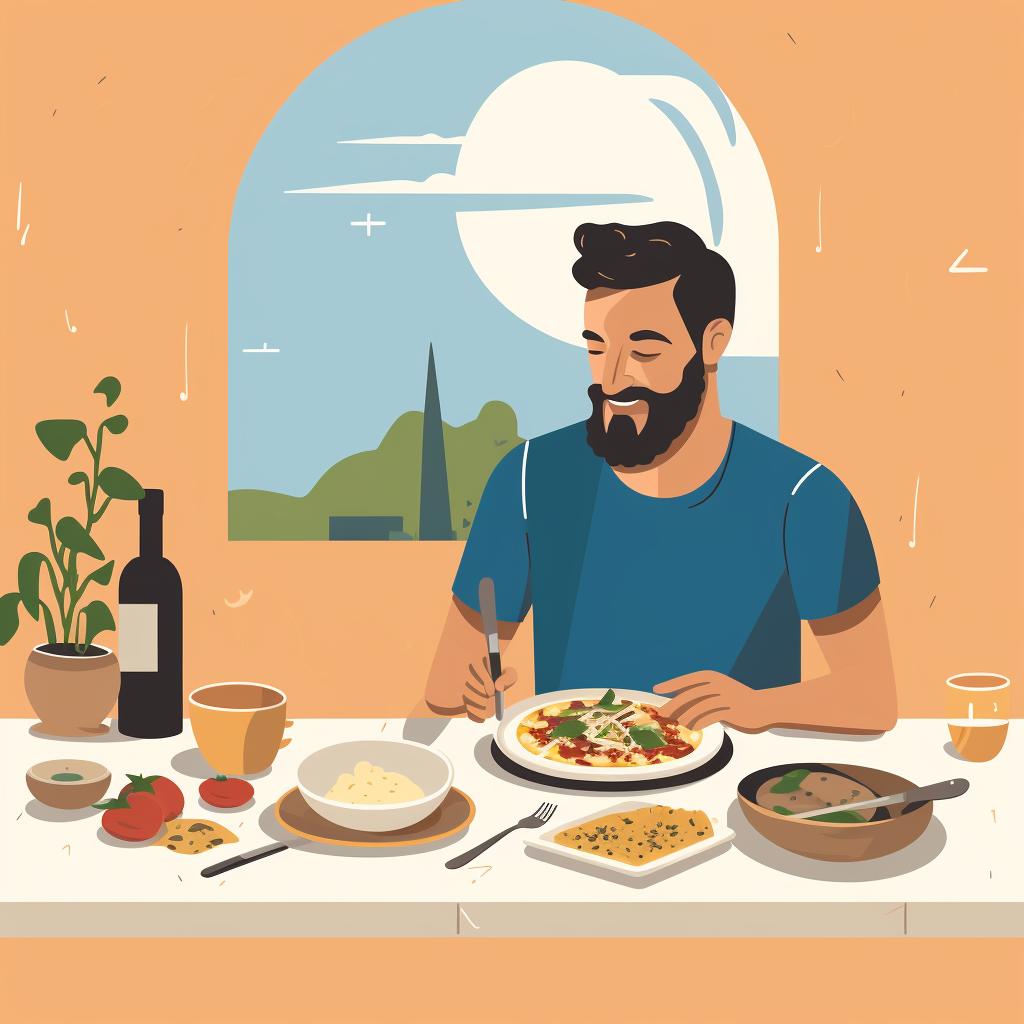 A person enjoying a Greek meal, with a cookbook open to a Greek recipe