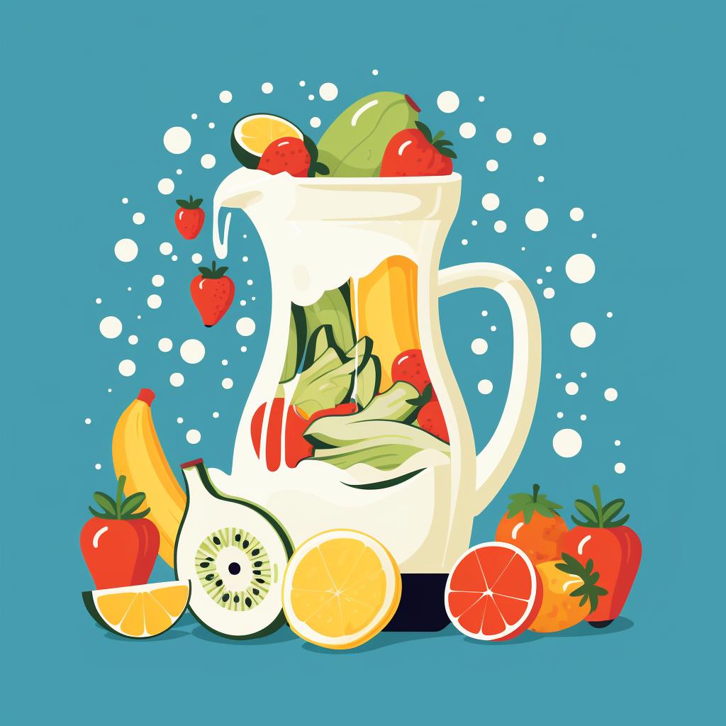 A jug of milk being poured into a blender filled with fruits and vegetables.