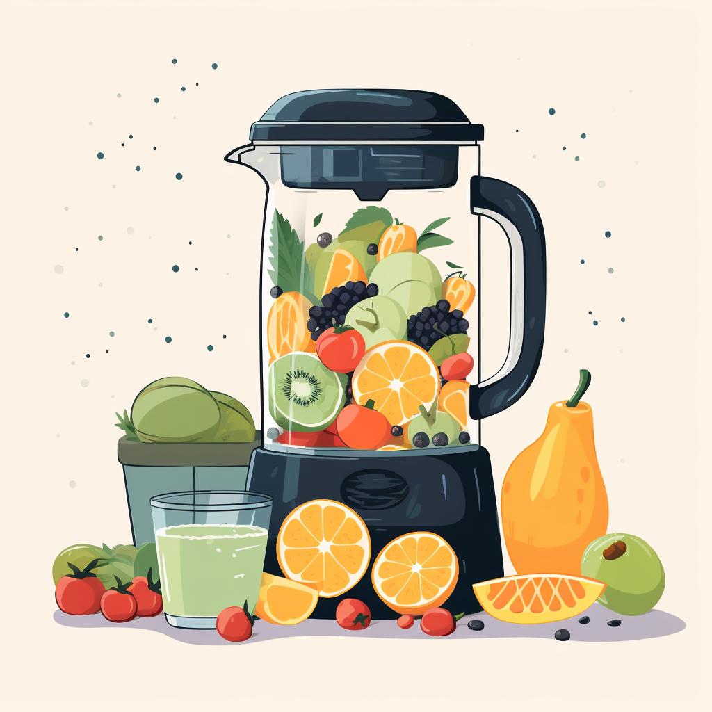 A blender filled with fruits, vegetables, and liquid, blending on a kitchen counter.