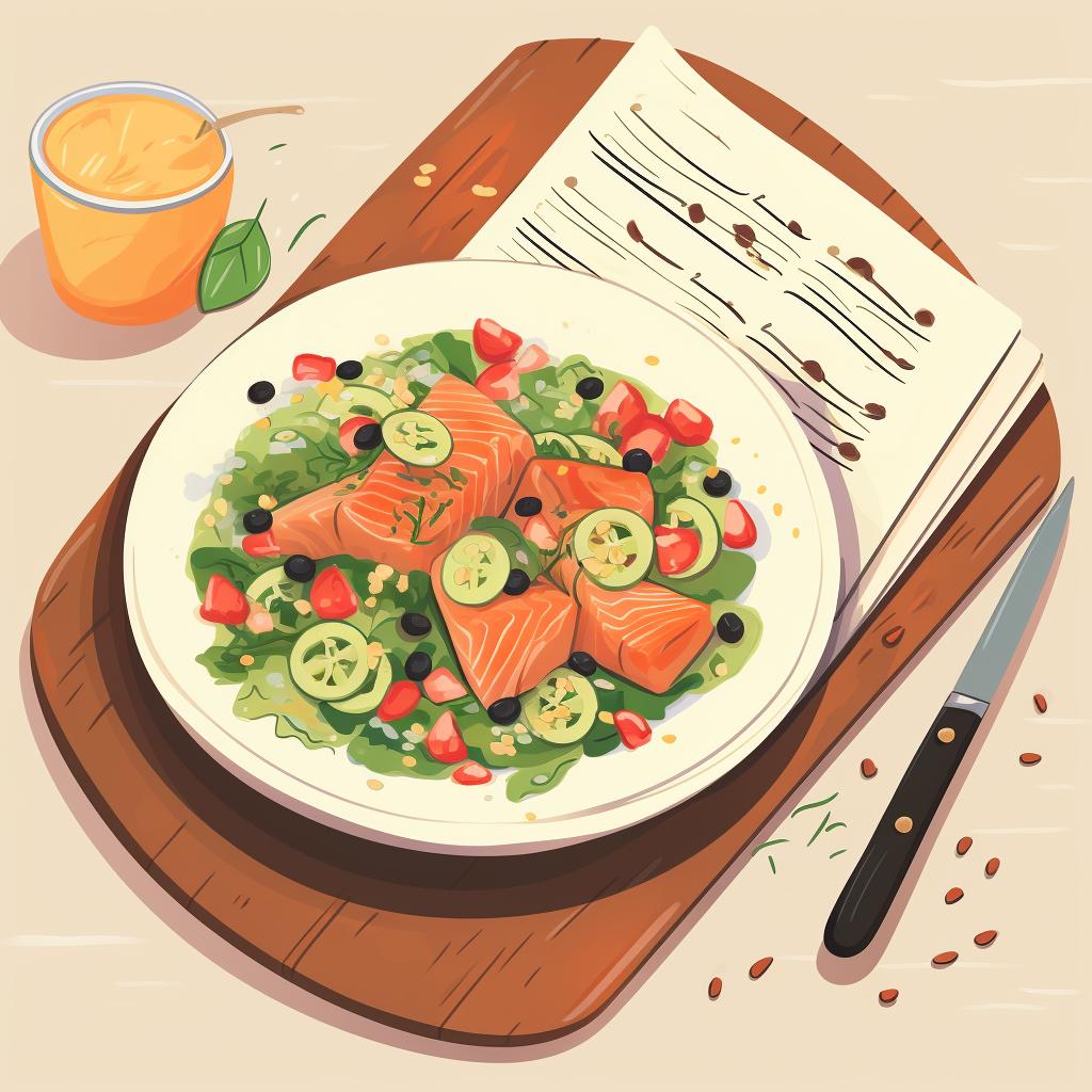 A recipe book opened to a page with a salmon salad and a bean chili recipe