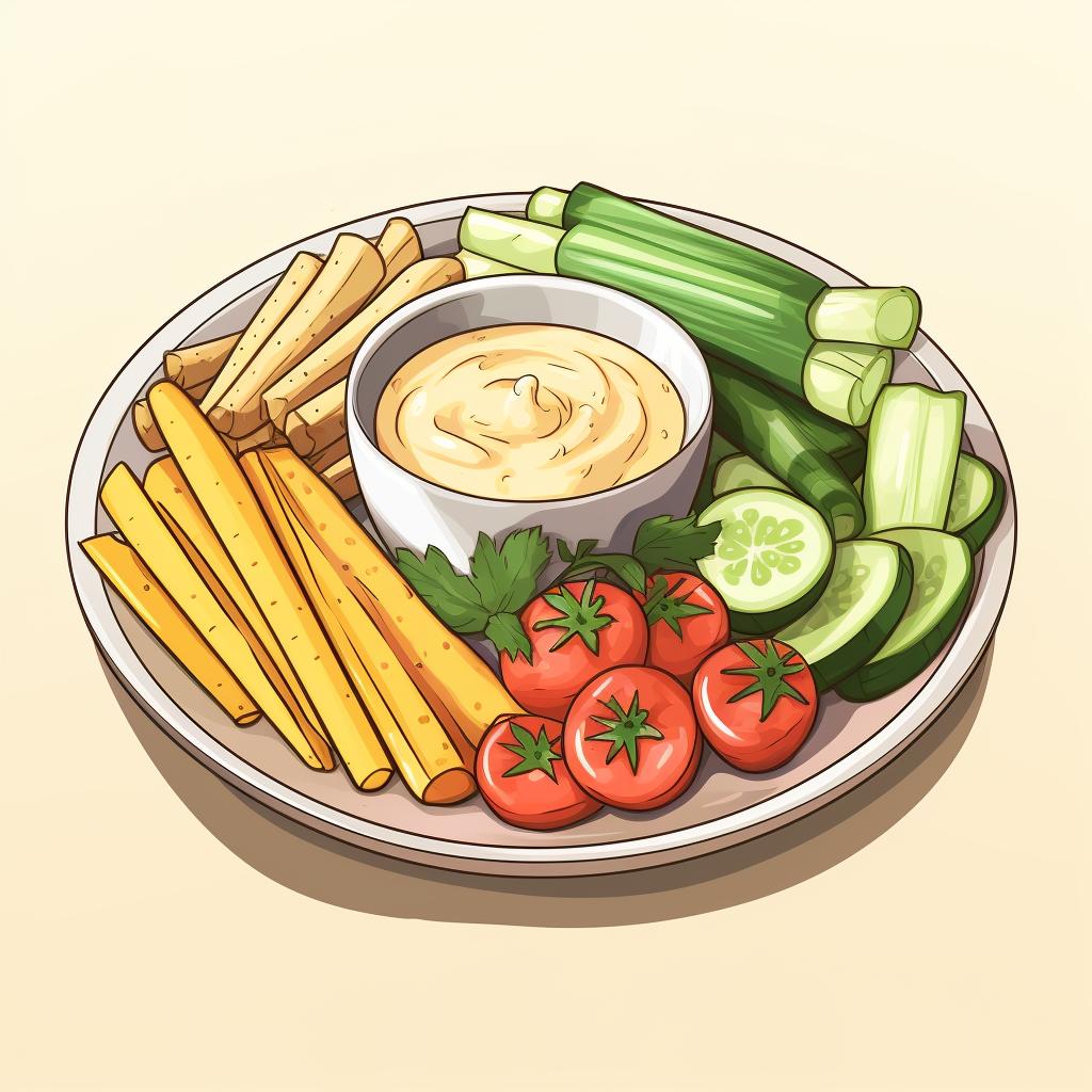 A platter of veggie sticks with a bowl of hummus
