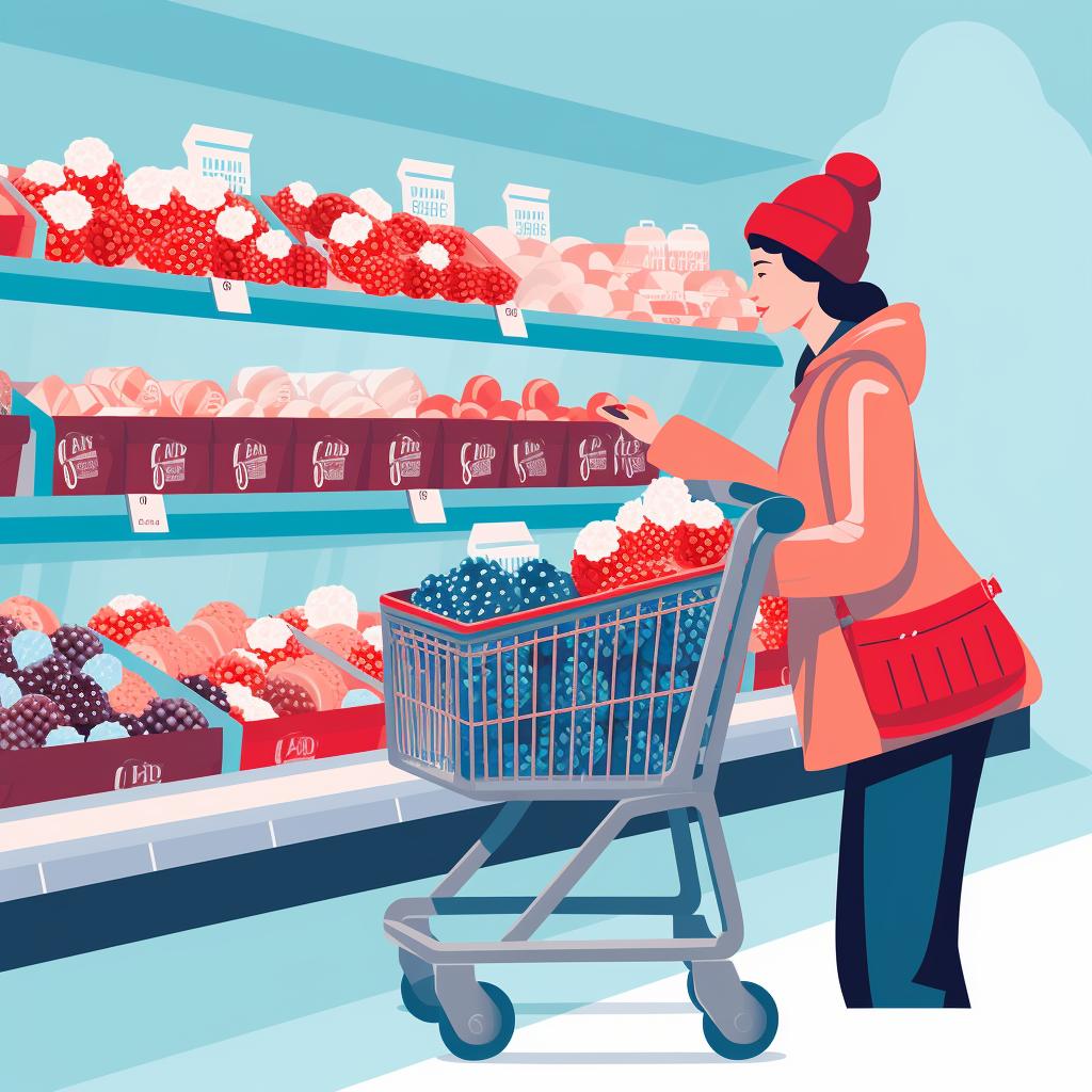 A shopper placing a bag of frozen mixed berries into their shopping cart in the frozen foods aisle of Costco.