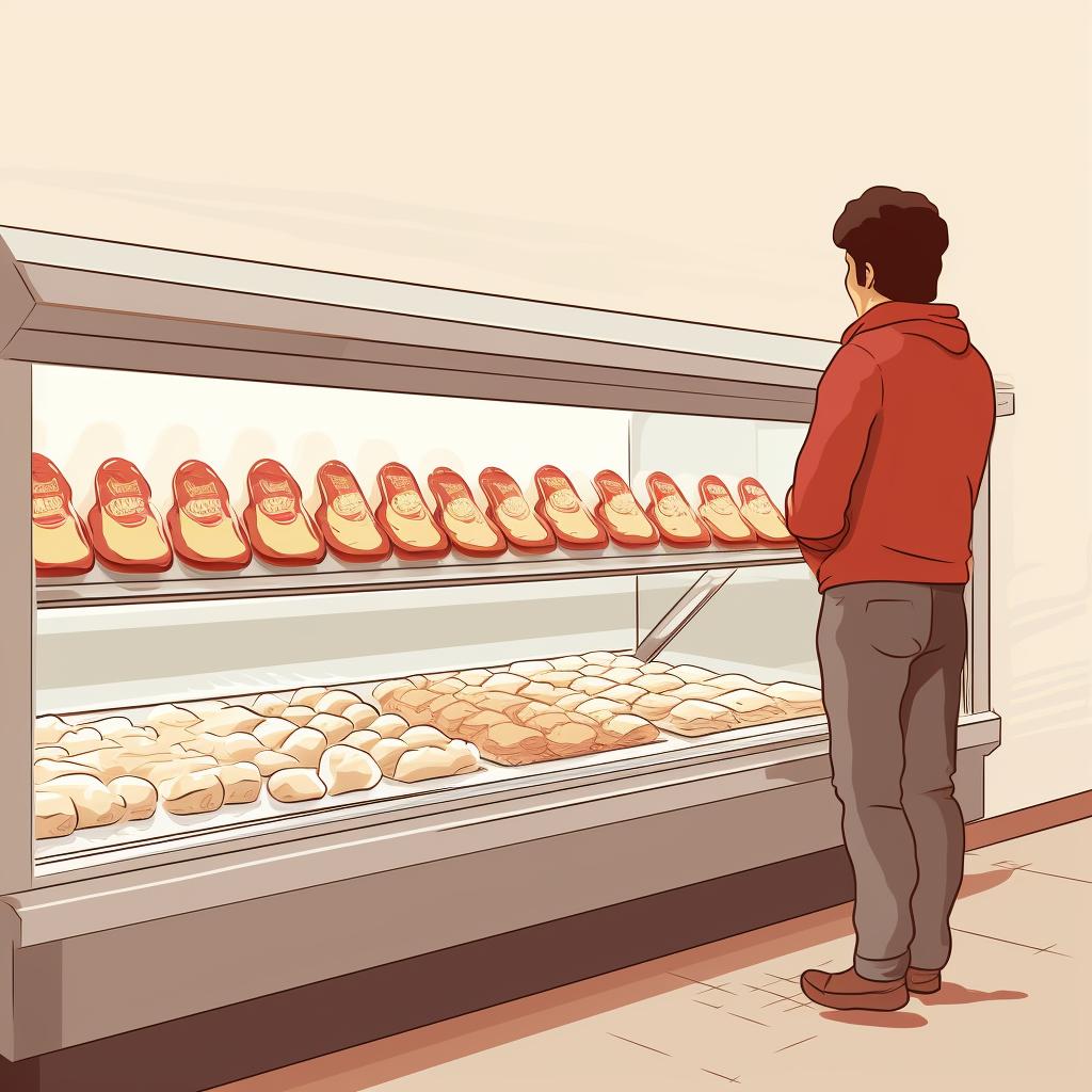 A shopper selecting a package of lean chicken breasts in the meat section of Costco.