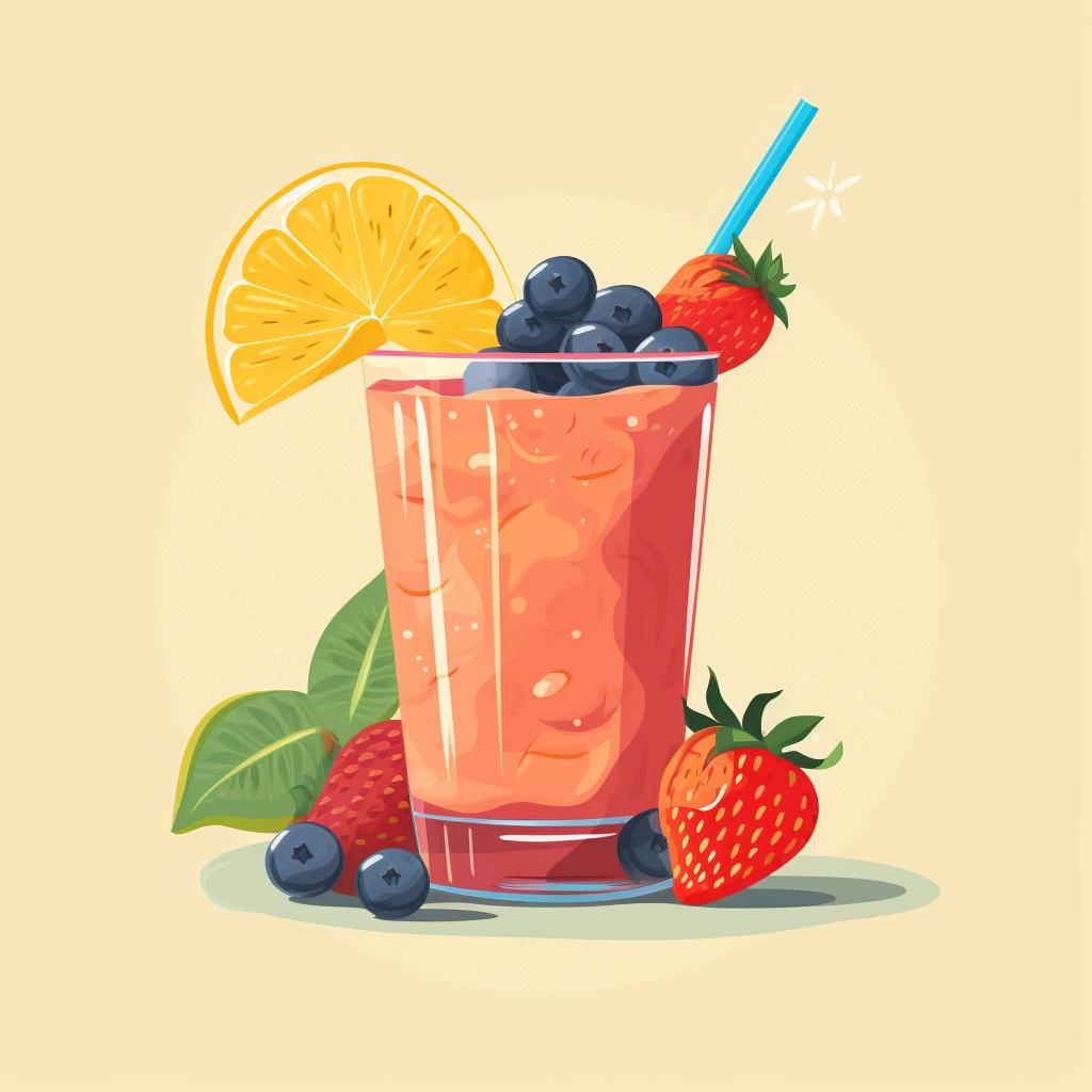 A freshly made smoothie in a glass, garnished with a slice of fruit.
