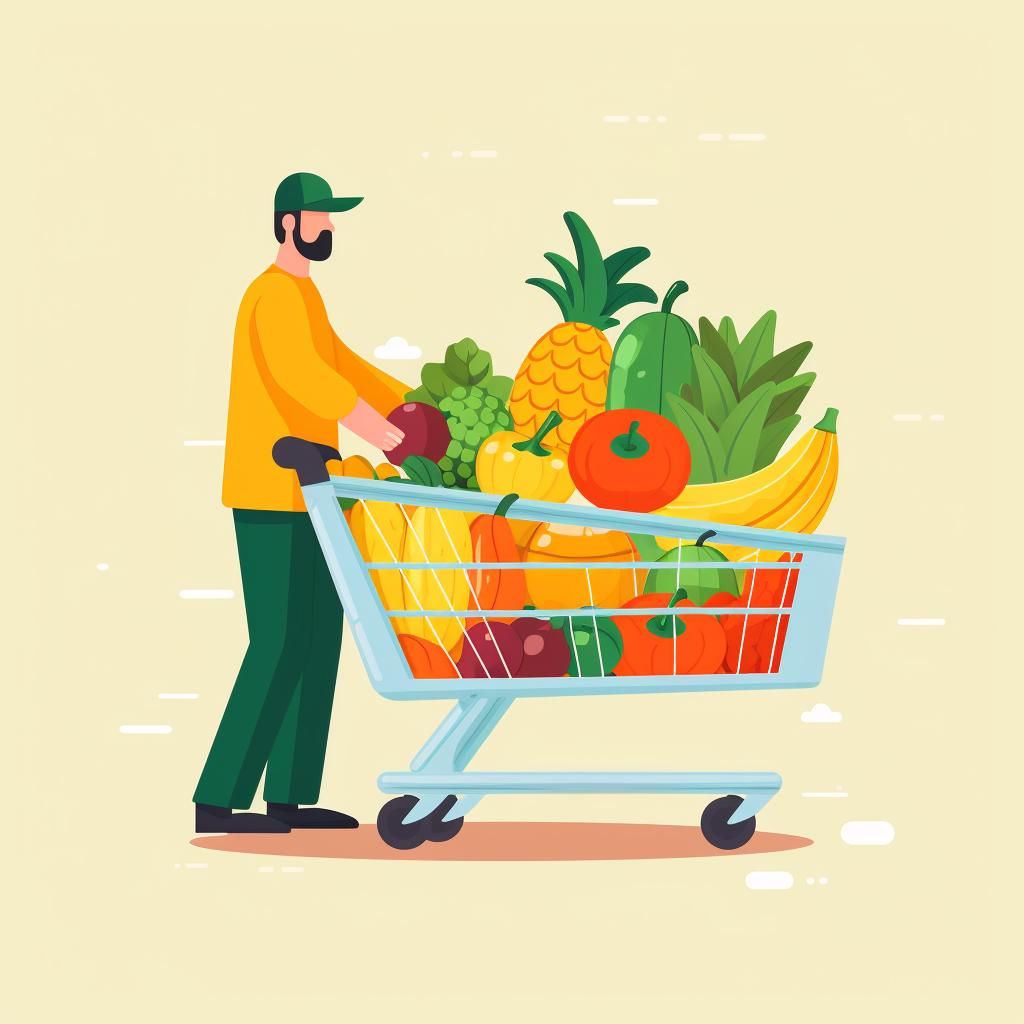 A person adding a variety of colorful fruits and vegetables to their shopping cart